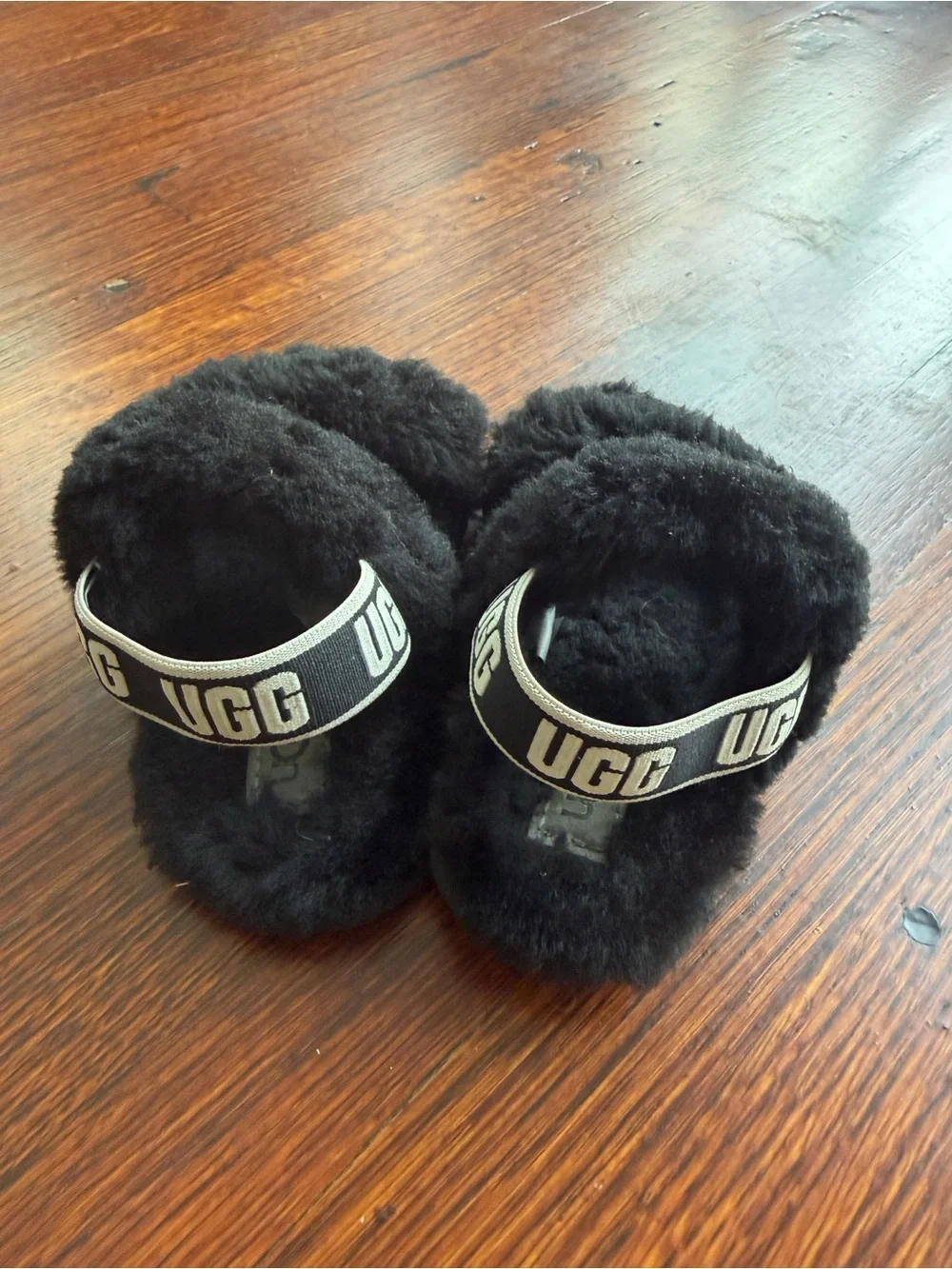UGG Black Shearling Double-Strap Slide Sandals with Branded Heel